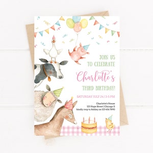 Editable Farm Animals Invitation Template Printable Barnyard Girl Birthday Party Invite Cute Farmyard Theme Corjl Instant Download 005