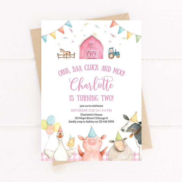 Editable Farm Animals Invitation Template Pink Girl Barnyard Second Birthday Party Invite Oink Baa Cluck Moo Farmyard Corjl Download 005