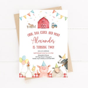 Modèle modifiable d'invitation d'anniversaire de basse-cour Animaux de la ferme imprimables, garçon ou fille Oink Baa, deuxième fête d'anniversaire inviter Corjl Télécharger #005