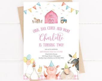 Editable Farm Animals Invitation Template Pink Girl Barnyard Second Birthday Party Invite Oink Baa Cluck Moo Farmyard Corjl Download 005