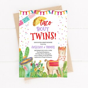 Taco Bout Twins Invitation Mexican Fiesta Llama Cactus Twin Baby Sprinkle Party Invitation Download Printable Invite Corjl Template 020