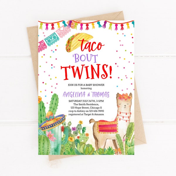 Taco Bout Twins Invitation Mexican Fiesta Llama Cactus Twin Baby Sprinkle Party Invitation Download Printable Invite Corjl Template 020