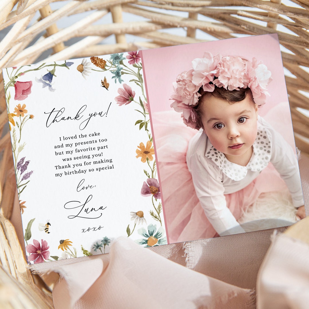 Wildflower Photo Thank You Card Template, Printable 1st Birthday Thank ...