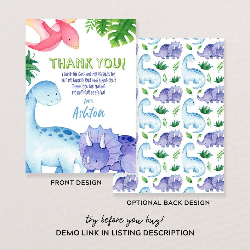 Editable Dinosaur Thank You Card Template Printable Trex Etsy