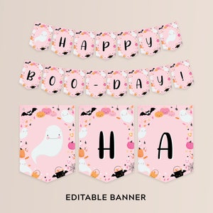 Editable Happy Boo-Day Banner Printable Pink Halloween Birthday Bunting Flags Spooky Halloween Decor  Instant Download Corjl Template 021