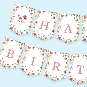 Druckbare Wildblumen alles Gute zum Geburtstag Banner Blumenblume Cottagecore Mädchen Geburtstag Party Dekoration Geburtstag Flagge Banner Wimpelkette Download PDF 018