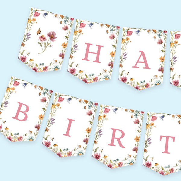 Printable Wildflower Happy Birthday Banner Floral Flower Cottagecore Girl Birthday Party Decor Birthday Flag Banner Bunting Download PDF 018