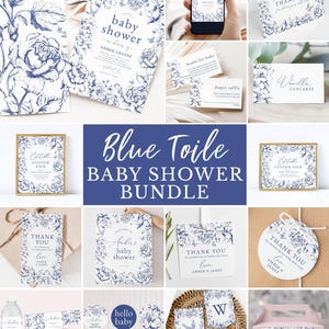 Plantillas para baby shower en azul polvoriento con diseño de Toile de Jouy, paquete de decoración para fiesta de invitación con diseño floral vintage chinoiserie editable 047