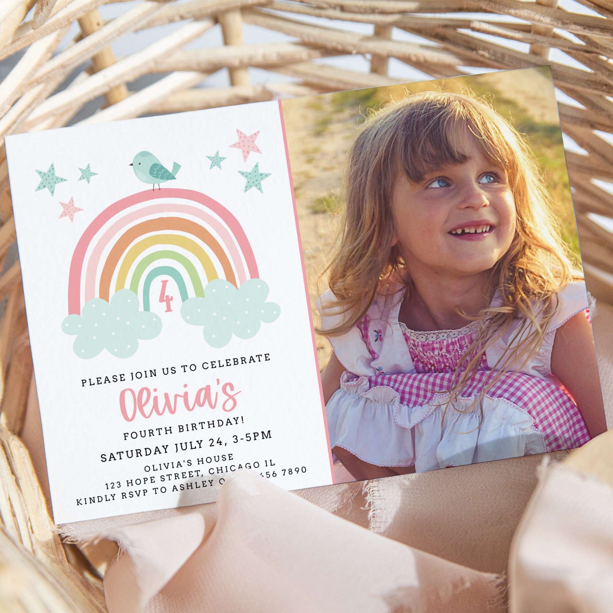 Editable Rainbow Fourth Birthday Photo Invitation Template - Etsy