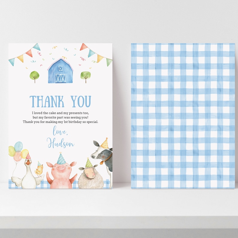 Editable Farm Animals Thank You Card Template Pintable Barnyard Blue ...