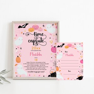 Pink Halloween 1st Birthday Time Capsule Sign and Note Cards Spooky Ghost Pumpkin First Birthday Party Time Capsule Game Corjl Template 021