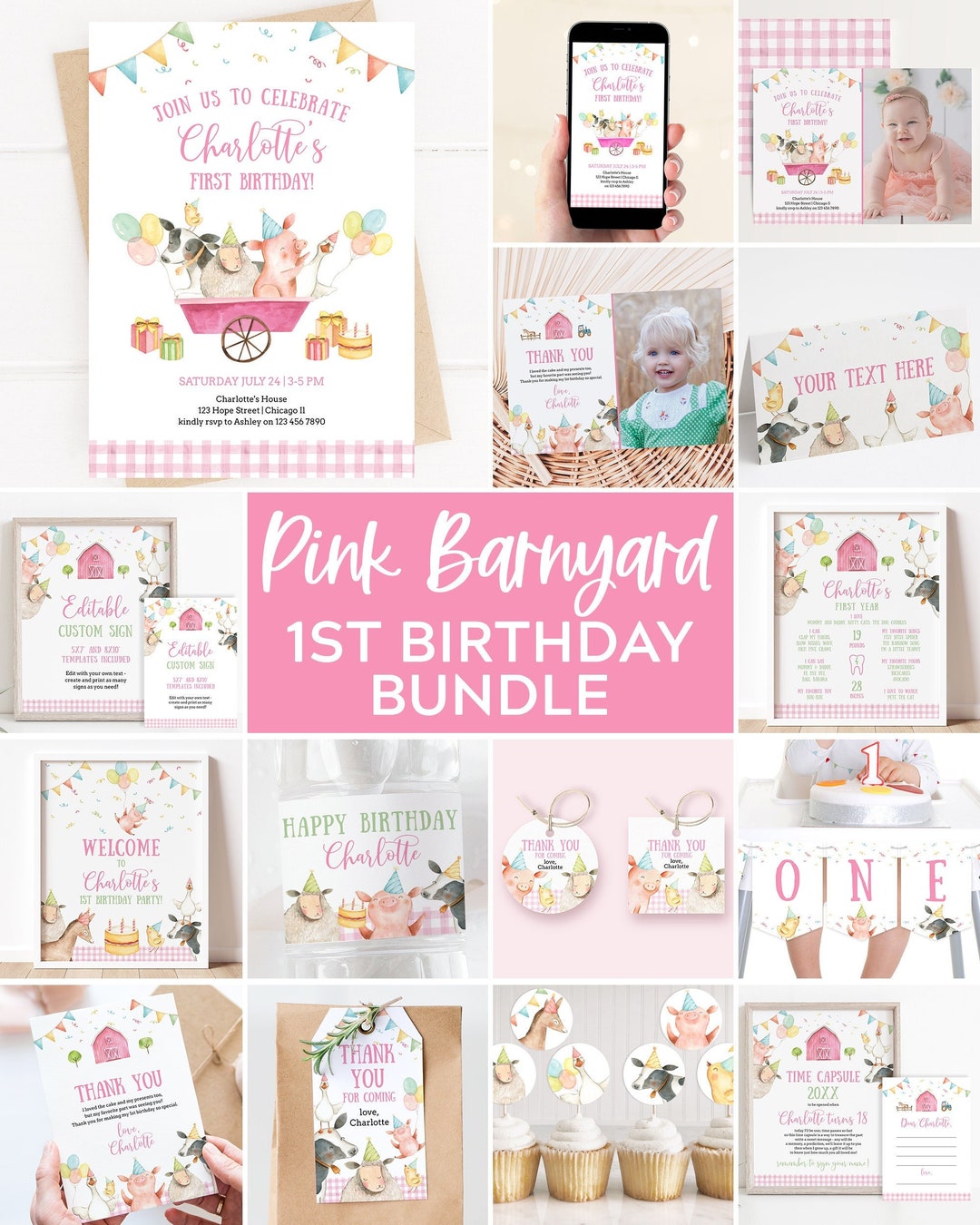 Pink Barnyard Farm Animals 1st Birthday Invitation Bundle Printable ...
