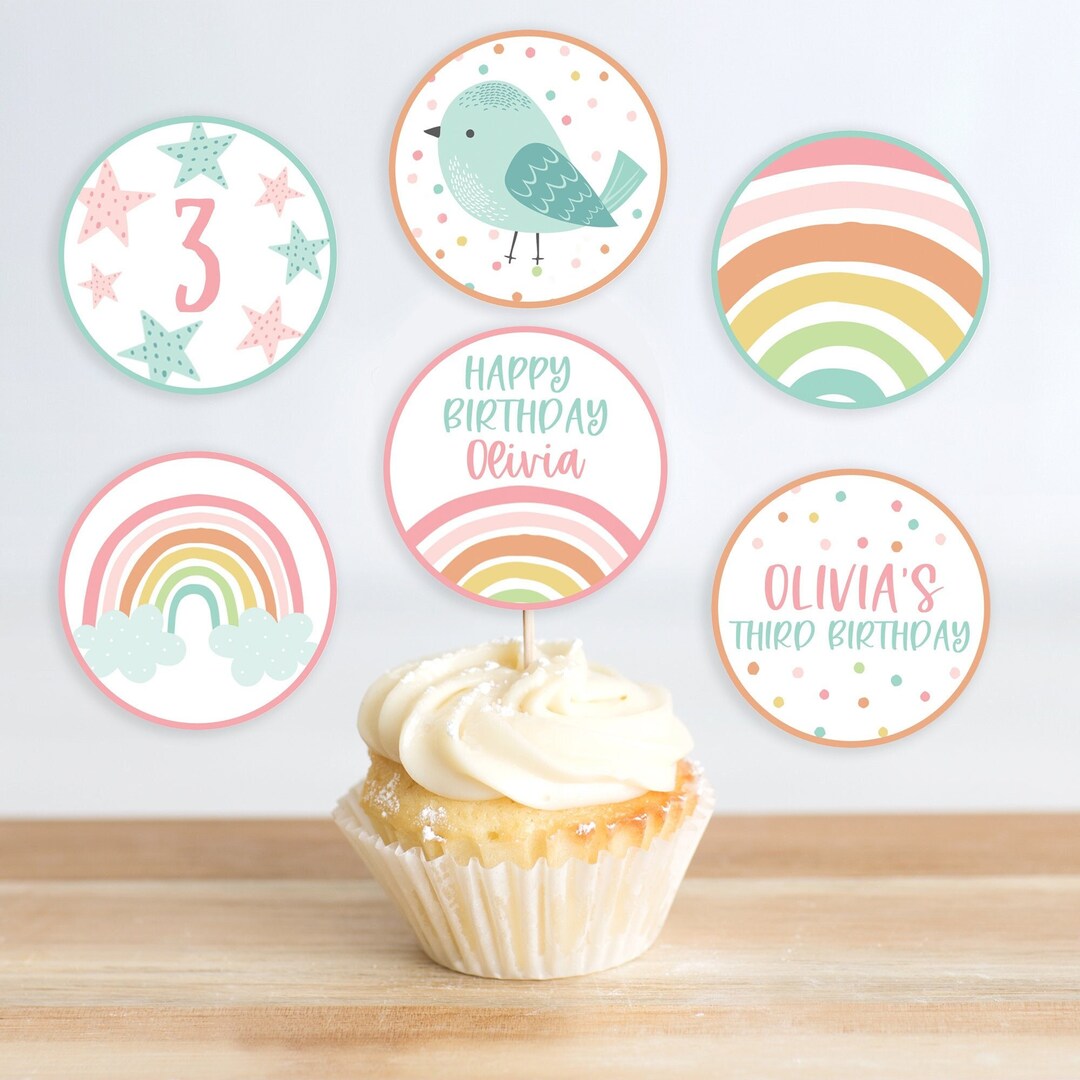Editable Rainbow Cupcake Toppers Template Printable Modern Boho Rainbow ...