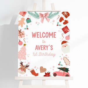 Cartello di benvenuto per compleanno di Natale modificabile Il più bello Oh che divertimento Modello di decorazione per festa di compleanno invernale per bambina rosa Download immediato 030