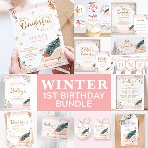 Winter First Birthday Invitation Bundle Templates, Printable 1st Birthday Onederful Onederland Girl Pink Party Pack, Download Corjl #012