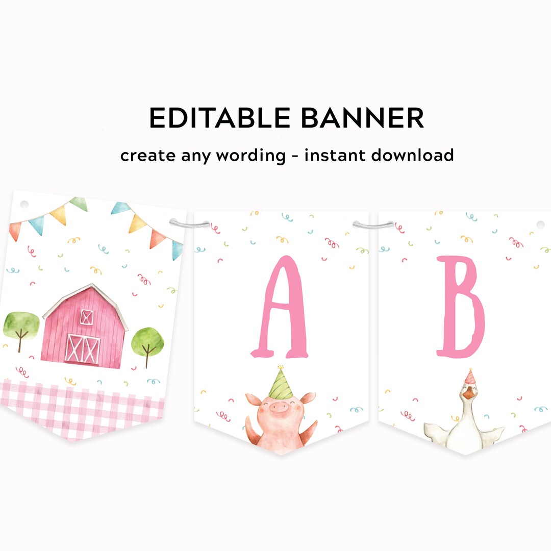 Editable Pink Barnyard Happy Birthday Banner Template Printable Girl ...