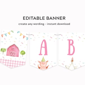Editable Pink Barnyard Happy Birthday Banner Template Printable Girl Farm Animals Birthday Bunting Party Decor Instant Download Corjl 005