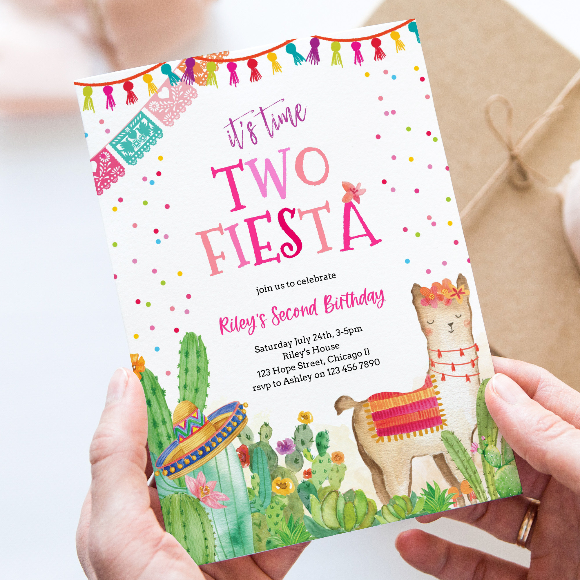 Editable Time Two Fiesta 2nd Birthday Invitation Template Printable Mexican Cactus Llama Girl Second Birthday Party Invite Corjl 020