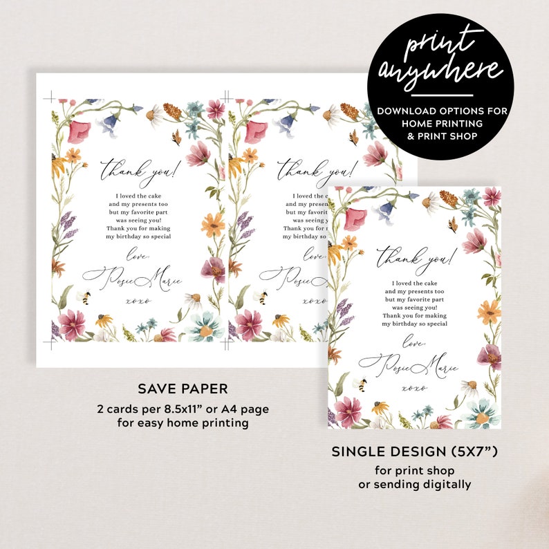 Wildflower 1st Birthday Thank You Card Template, Printable Our Little ...