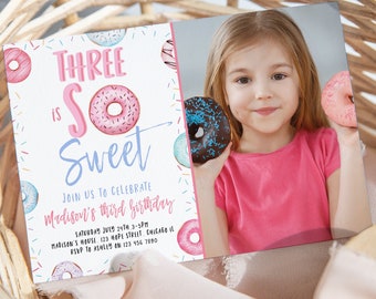 Donut 3rd Birthday Party Photo Invitation Template, Printable Three Is So Sweet Girl Third Birthday Photo Invite, Pink Sprinkles, Corjl #017