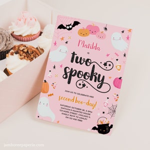 Two Spooky Halloween 2nd Birthday Invitation Printable Spooktacular Cute Pink Ghost Pumpkin Second Birthday Party Invite Corjl Template 021