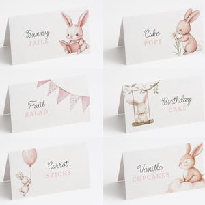 Bewerkbare Pink Bunny 1e verjaardag voedseltent sjablonen, afdrukbare schattige lente konijn eerste verjaardag placecard Party Decor Instant Download 046