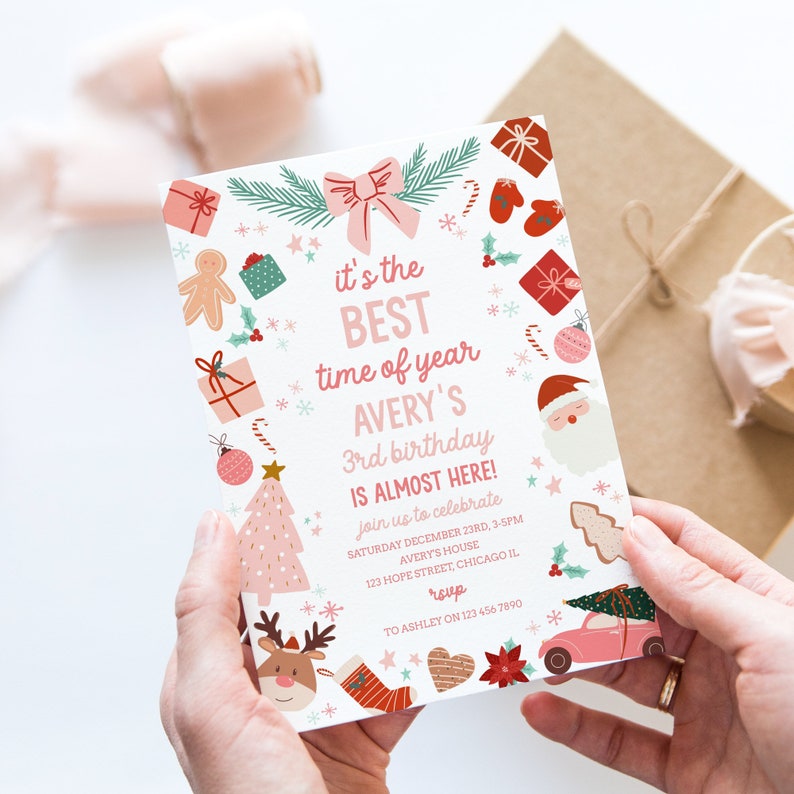 Pink Christmas Birthday Party Invite Printable Girl Winter Holiday ...