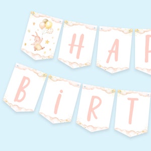 Printable Bunny Happy Birthday Banner, Some Bunny is Turning One Spring or Easter Birthday Party Decor, Pink Flag Banner Bunting, PDF #015