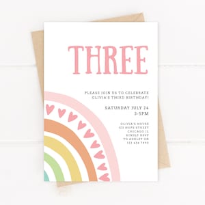 Editable Boho Rainbow Birthday Invitation Girl Third Birthday 3rd Modern Pastel Rainbow Birthday Party Invite Corjl Printable Template #009