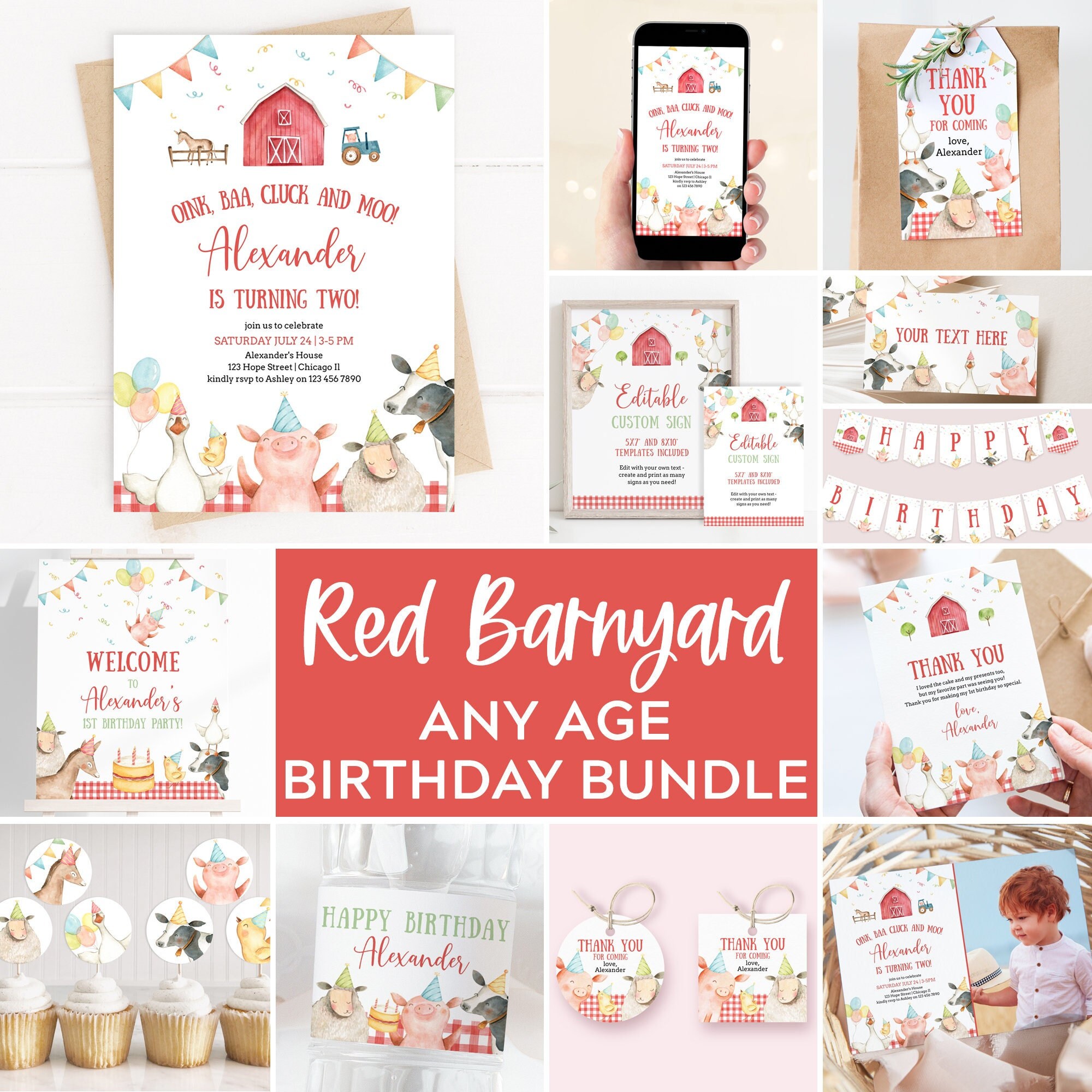 Red Barnyard Birthday Invitation Bundle Farm Animals Oink Baa - Etsy UK