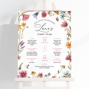 Wildflower 1st Birthday Baby Milestone Sign Template, Printable Floral Cottagecore Girl First Birthday Milestone Poster Board, Corjl 018