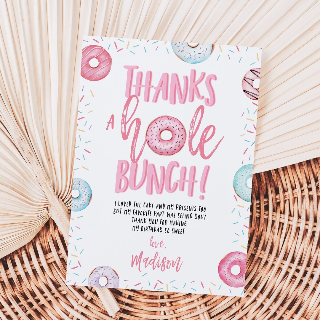 Donut Thank You Card Template, Printable Thanks a Hole Bunch Birthday