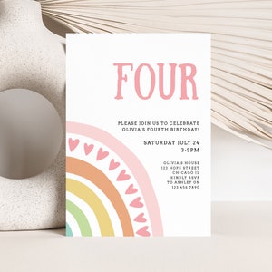 Editable Birthday Invites for Girls 4th Birthday Party Modern Boho Rainbow Fourth Birthday Invitation Printable Corjl Digital Download  #009