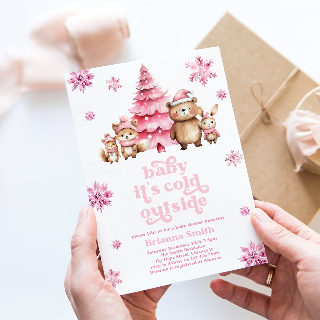 Invitación navideña para baby shower, niña rosa, bebé, hace frío afuera ...