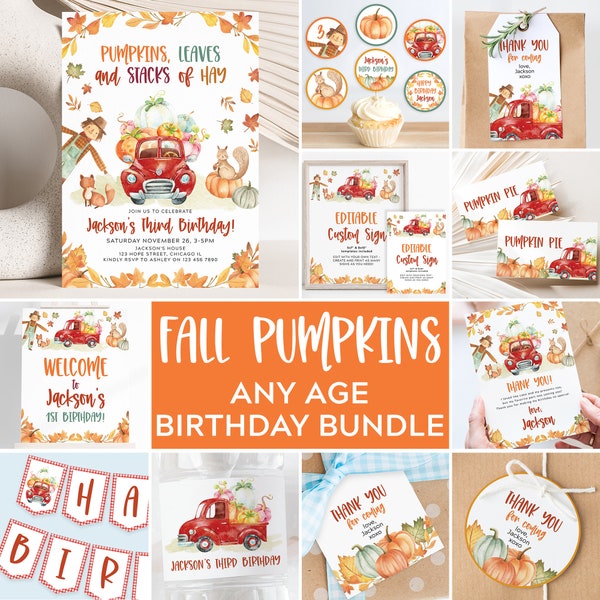 Pumpkin Truck Birthday Invitation Bundle Templates, Printable Fall Any Age Boy Birthday Party Decor Kit Pack, Corjl Instant Download #010