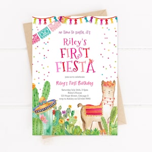 Editable First Fiesta 1st Birthday Invitation Template Printable No Time To Siesta Mexican Cactus Llama Girl Birthday Party Invite Corjl 020