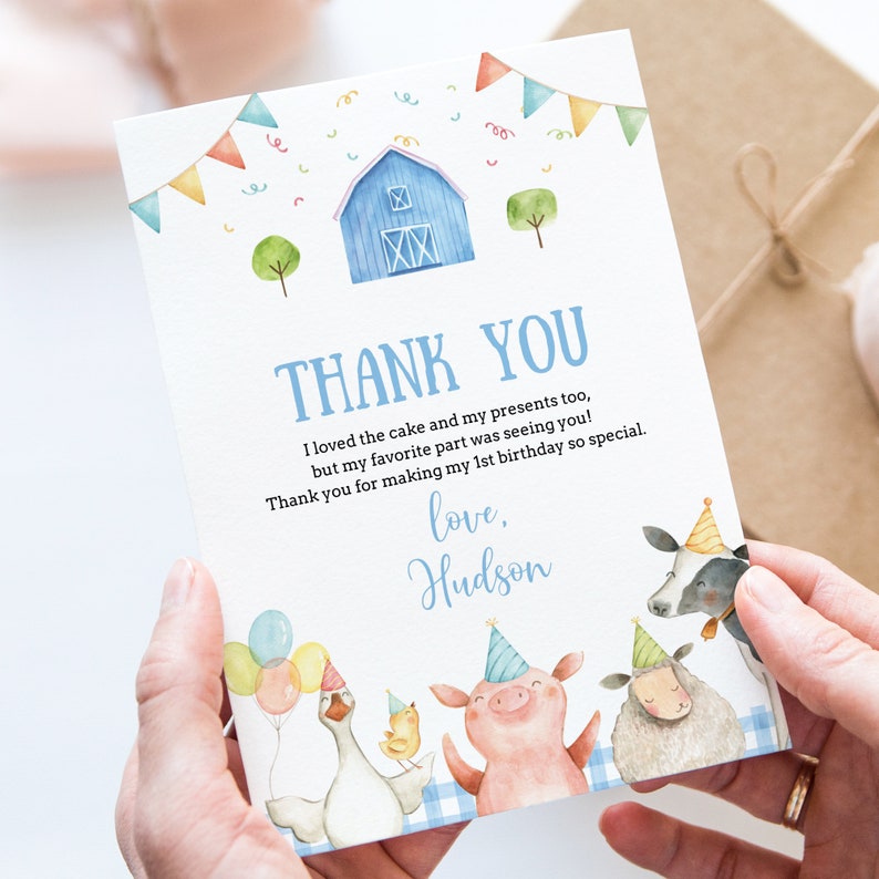 Editable Farm Animals Thank You Card Template Pintable Barnyard Blue ...