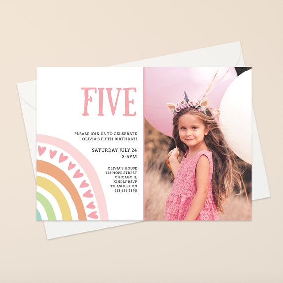 Editable Rainbow Fifth Birthday Photo Invitation Template Printable Abstract Pastel Rainbow Girl 5th Birthday Party Photo Invite Corjl #009