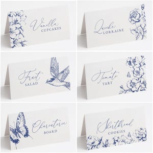 Stoffige blauwe toile de jouy verjaardagsfeestje eten tent sjabloon, bewerkbare vintage bloemen babyshower buffet kaart voedseletiketten direct downloaden 047