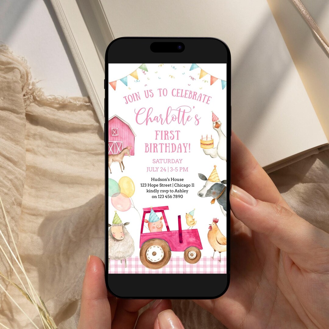 Pink Farm Animals Editable 1st Birthday Party Evite Invitation Template ...