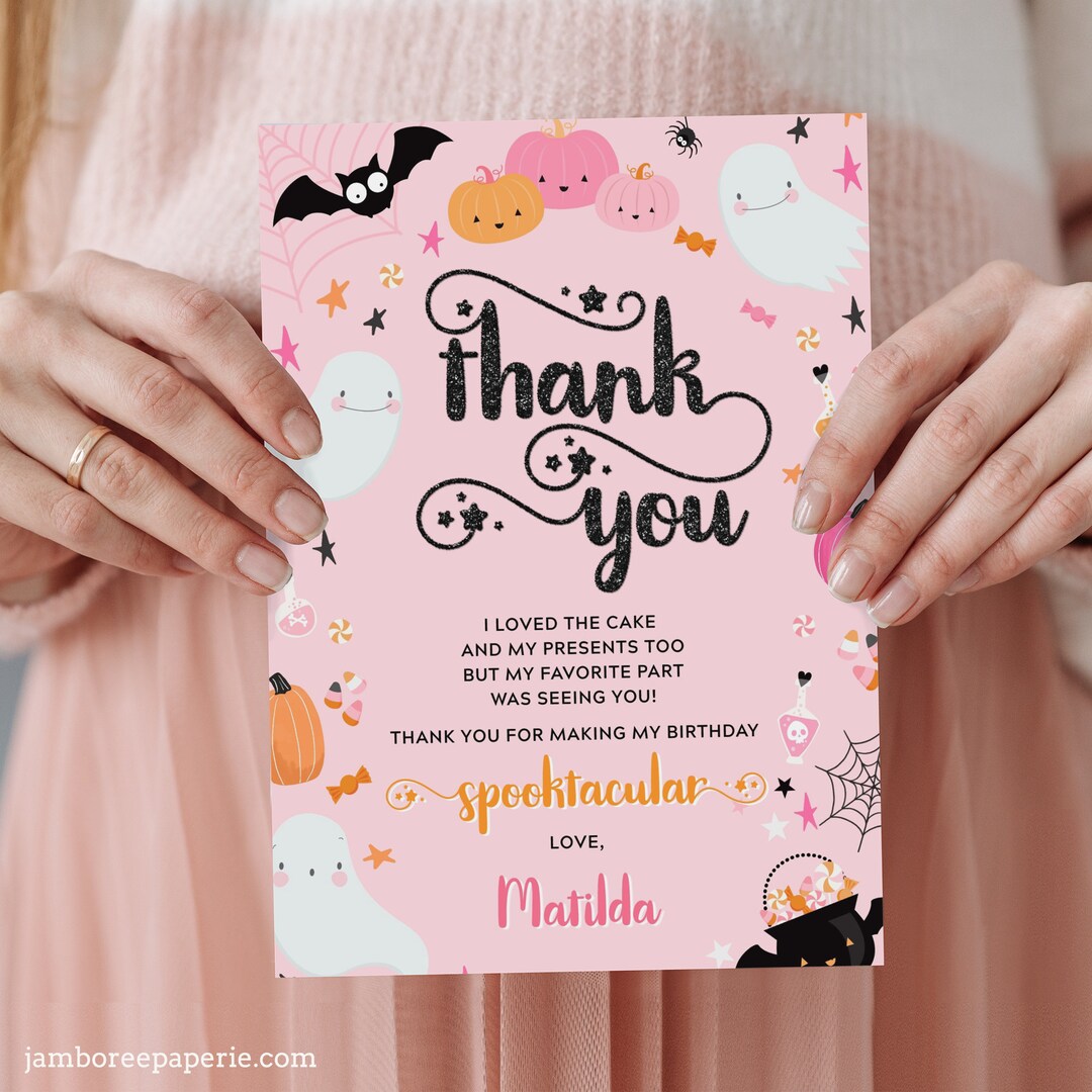 Pink Halloween Birthday Party Thank You Card Editable Spooky Cute Ghost ...