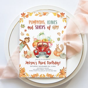 Modèle d'invitation de troisième anniversaire citrouilles feuilles et tas de foin imprimable automne camion citrouille 3e anniversaire invitation téléchargement Corjl #010