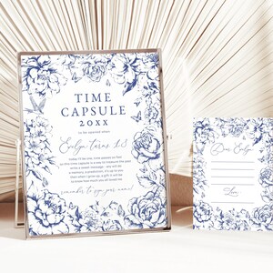 Bewerkbare vintage bloemen Time Capsule-sjablonen, bewerkbare stoffige blauwe toile de jouy chinoiserie 1e verjaardagsfeestje decor direct downloaden 047