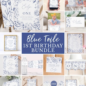 Dusty Blue Toile de Jouy First Birthday Bundle Templates, Editable 1st Birthday Party Chinoiserie Invitation Party Pack Instant Download 047