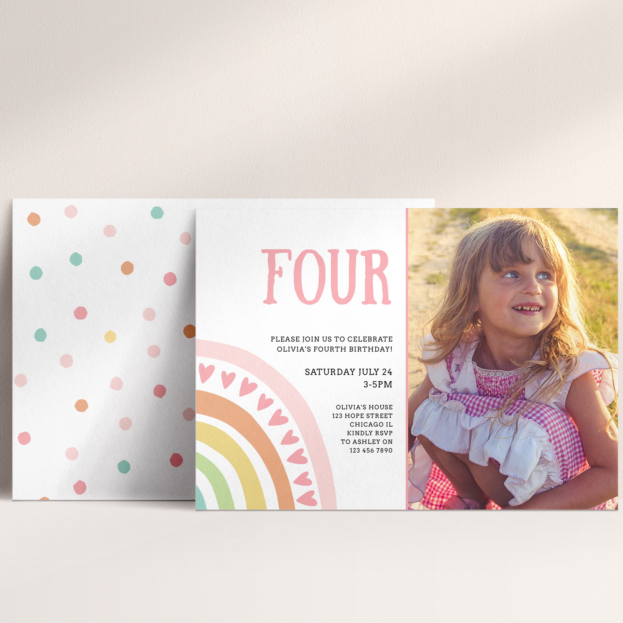 Modern Rainbow Fourth Birthday Photo Invitation Template - Etsy