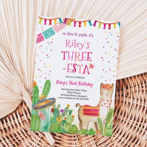 Editable Three Esta 3rd Birthday Invitation Template Printable Fiesta Mexican Cactus Llama Girl Third Birthday Party Invite Corjl 020