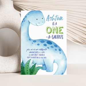Editable One A Saurus First Birthday Invitation Template Boy Printable Dinosaur 1st Birthday Turning One Party Invite Digital Download #011