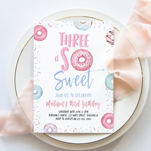 Donut 3rd Birthday Party Invitation Template, Printable Three Is So Sweet Girl Third Birthday Invite, Pink Sprinkles Invite, Corjl #017