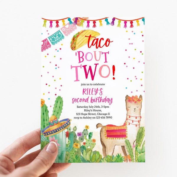 Taco Bout Invitación de dos cumpleaños Fiesta Llama Mexicana 2a Invitación a la fiesta de segundo cumpleaños Descargar invitación imprimible Plantilla Corjl 020