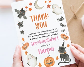 Editable Halloween Thank You Card Template, Printable Fall Pumpkins Boy Girl Birthday Party Thank You Note Card, Instant Download Corjl 008